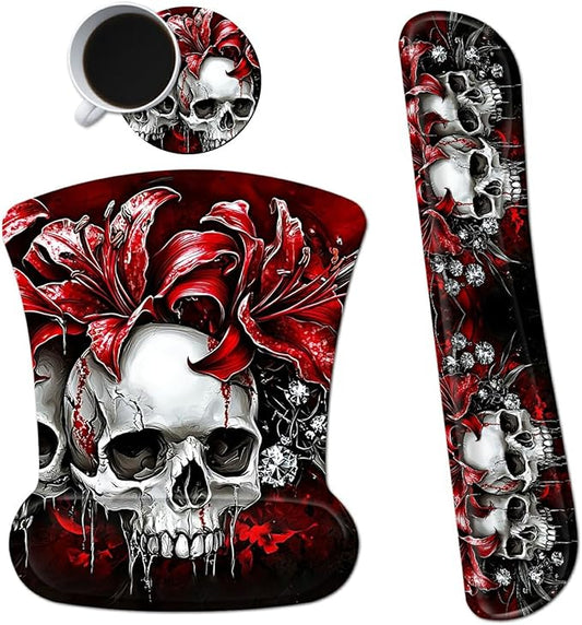Ergonomic Mouse Pad with Wrist Support Gel Mousepads and Upgrade Keyboard Wrist Rest Pad Set, Coasters Non-Slip PU Base Mouse Mat for Office Gaming Computer Laptop Home, Red Flower Skull