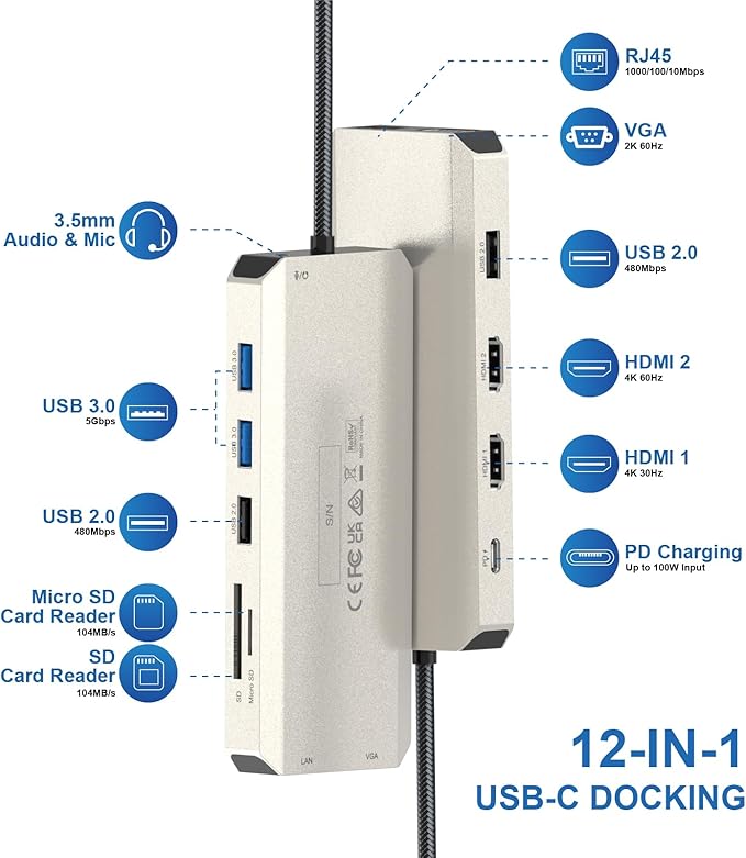WAVLINK USB C Docking Station Dual Monitor for Dell HP Surface Lenovo Laptop, Triple Display USB-C Hub Multiport Adapter Dongle with 2 HDMI, VGA, Ethernet,100W PD, 5 USB, SD/TF Card Reader,Audio