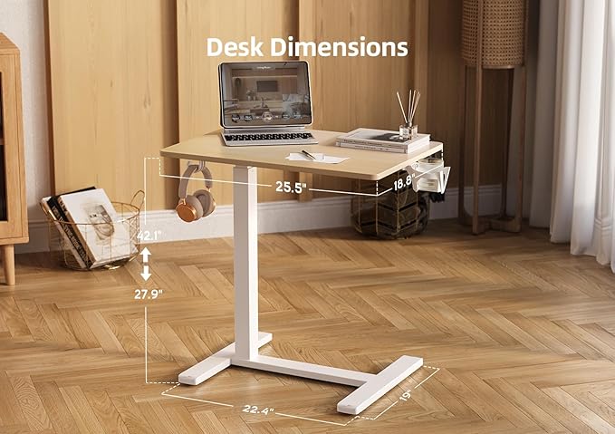 Claiks Height-Adjustable Overbed Table with Wheels, Portable Rolling Laptop Desk, Mobile Standing Desk for Home & Hospital Use, Nature 25.5 inch