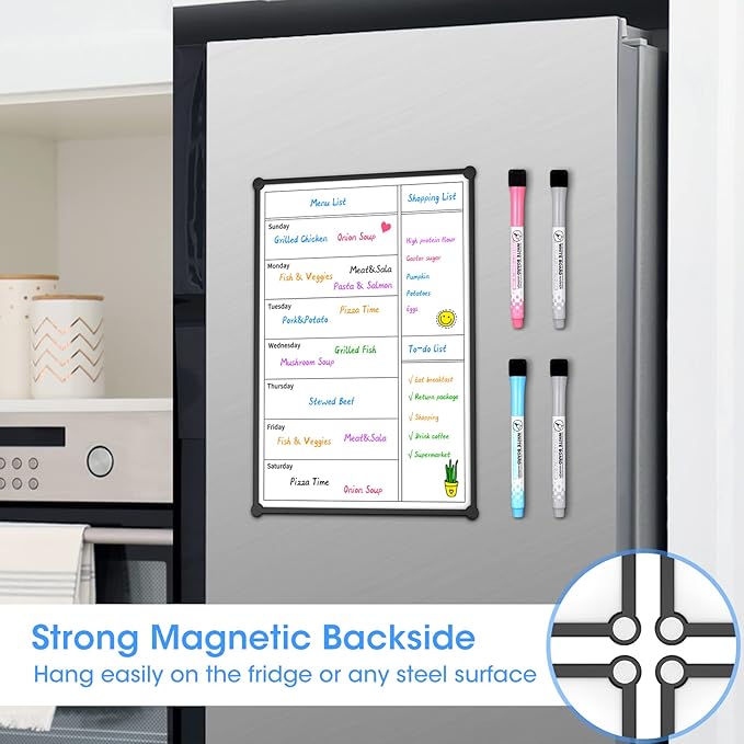 Weekly Calendar for Fridge,12×8” Magnetic Fridge Calendar Refrigerator Calendar, Weekly Meal Planner Magnetic, Menu Board, Double-Sided, Grocery List, Menu Planner for Refrigerator/Locker, 4 Markers