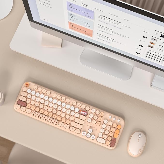 MOFII Wireless Keyboard and Mouse Combo - Pale Coffee Full Sized Plug and Play Colorful Computer Keyboards - 104 Keys Round Keycap USB 2.4G Cute Keyboard for Windows/Laptop/Mac/Desktop/PC