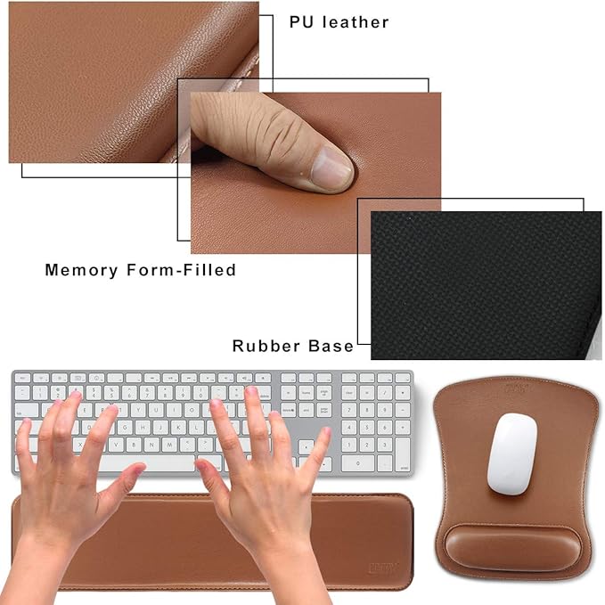 Cacoy PU Leather Mouse Pad with Wrist Support and Keyboard Wrist Rest Set for Gaming, Office, PC Computer Laptop, Ergonomic Memory Foam Non Slip Rubber Wrist Support Relief Pain (Brown)