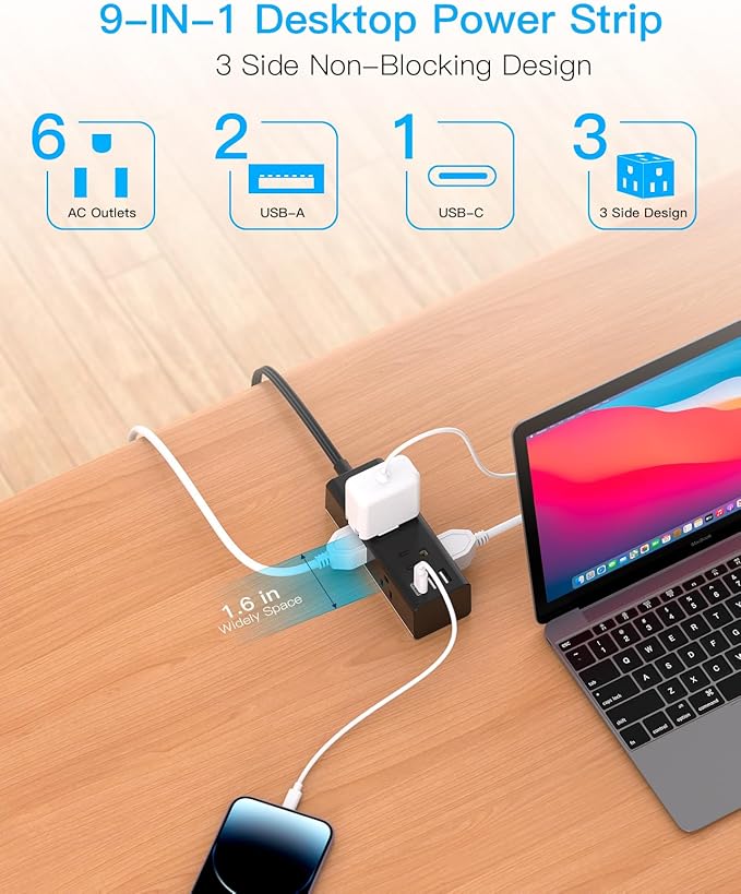 10Ft Extension Cord with Multiple Outlets, Flat Plug Power Strip Surge Protector with 10 Ft Long Cord, 6 Outlet 3 USB Ports (1 USB C), Multi Outlet Wall Plug for Travel, Dorm Room Essentials-Black