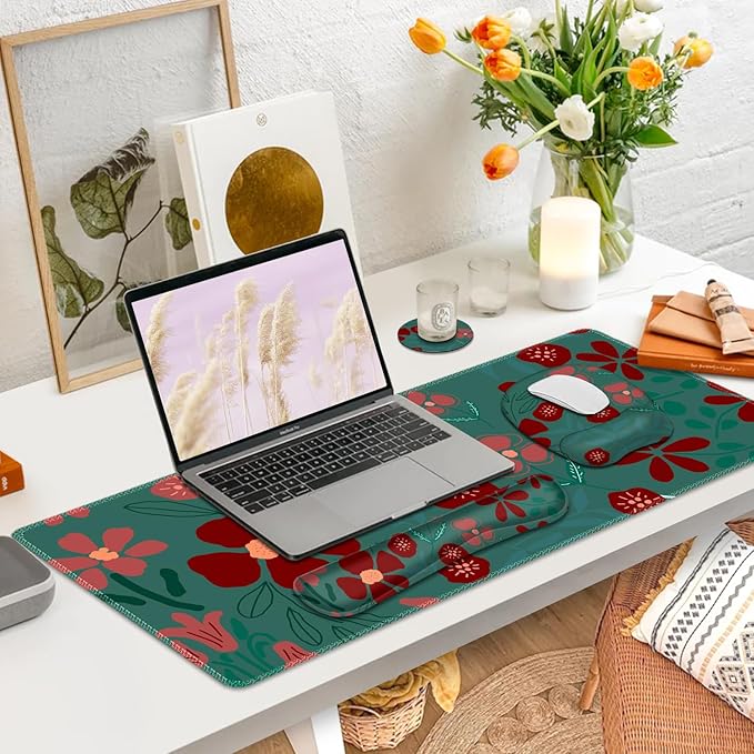 Large Mouse Pad with Wrist Support 4 in1 Set, XXL Big Game Mousepad + Keyboard Wrist Rest+Mouse Wrist Rest+Coaster Ergonomic Design Gaming Mat for Home Office Table Computer I Green Flowers