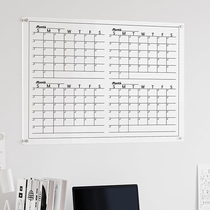Acrylic 4 Monthly Calendar Whiteboard for Wall, 36"x24" Clear Planner Dry Erase White Board for List, Kitchen, Planning, Memo, Office