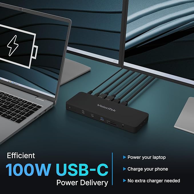 VisionTek VT8100DL USB-C Docking Station Quad 4K – Enterprise Premium Laptop Dock, 2X HDMI, 2X DisplayPort, 100W Charging, Thunderbolt Compatible