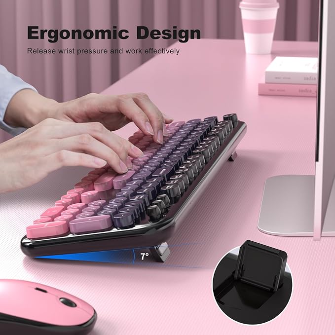 Wireless Keyboard Mouse Combo - Lovely CherryPink-Gradient Rainbow Full-Sized Typewriter Colorful Keyboards, Round Keycap Plug Play Retro Cute Keyboards for Windows, Laptop, PC, Desktop, Computer