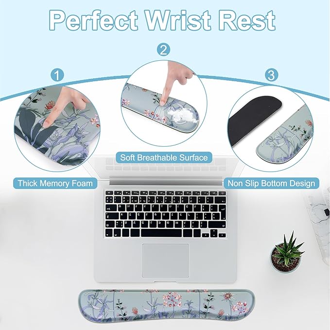 MEGREZ 4-in-1 Ergonomic Memory Foam Wrist Rest Set, Desk Pad, Mouse Pad with Wrist Rest, Keyboard Pad, Suitable for Office Workers, Programmers & Gamers–Relieve Typing & Gaming Fatigue, Blue Gray