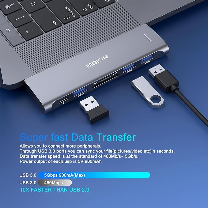 USB C Adapter for MacBook Pro/Air M1 M2 2021 2020 2019 2018,MOKiN Hub MacBook Pro Accessories with 3 USB 3.0 Ports,USB C to SD/microSD Card Reader and 100W Thunderbolt 3 PD Port