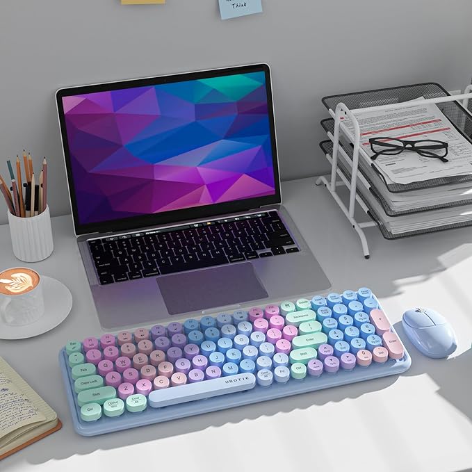 Wireless Keyboards and Mouse Combos, UBOTIE Colorful Gradient Rainbow Color Retro Typewriter Flexible Keyboard, 2.4GHz Connection and Optical Mouse(Purple Rainbow)
