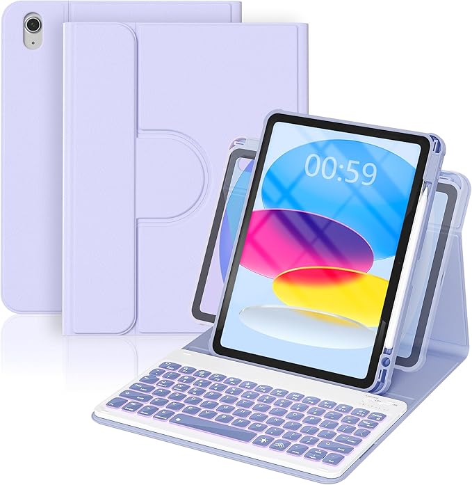 YBING Keyboard Case for iPad 10th Gen 10.9 inch(2022) & 11th Gen(A16, 2025), 7-Color Backlit Detachable Keypad & Rotatable Magnetic Case with Pencil Holder (Purple)