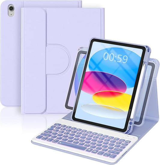 YBING Keyboard Case for iPad 10th Gen 10.9 inch(2022) & 11th Gen(A16, 2025), 7-Color Backlit Detachable Keypad & Rotatable Magnetic Case with Pencil Holder (Purple)