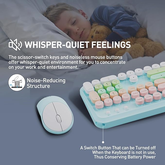 Keyboard and Mouse Wireless,2.4Ghz Retro Typewriter Style Round Keycap,Full Size Wireless Keyboard Mouse Combo,Cute Cordless Keyboard Mouse Set for PC Laptop Desktop Computer-Green White Pink Colorful