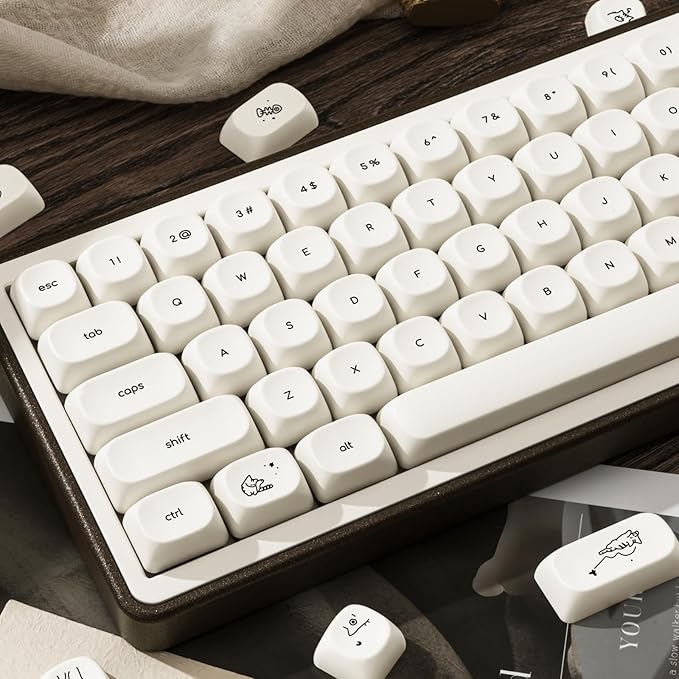 PBT Keycaps Set 124 Keys, Minimalist Style Custom White Cat Keyboard Dye-Sublimation MOA Profile Keycaps 60 65 75 100 Percent