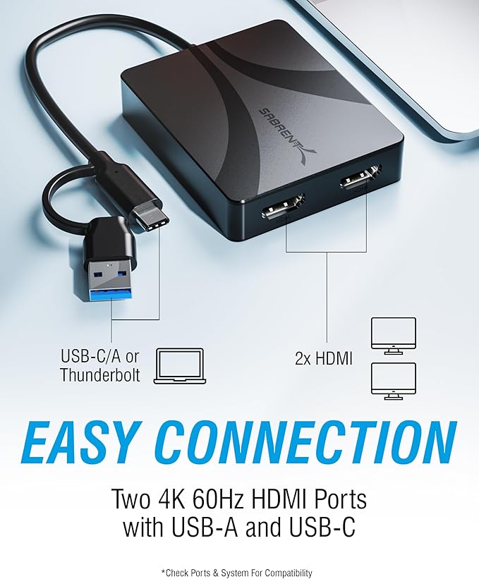 SABRENT USB C Dual HDMI Adapter 4K 60Hz, DisplayLink Dual Monitor Adapter, USB C & USB A, Mac M1 M2 M3, Windows macOS Linux (DA-CA2H)
