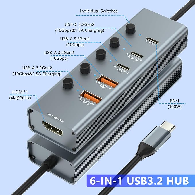10Gbps USB C Hub Multiport Adapter, 6 Ports USB C Splitter with 4 USB 3.2 Gen 2 Ports, 4K@60Hz HDMI, 100W PD, Touch Switch, USBC to USB Hub for MacBook, iPad, HP, Dell (Not Support Type-C Monitor)