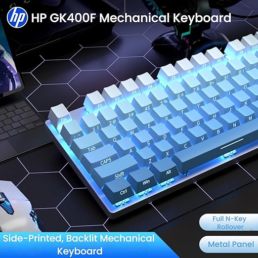 HP GK400F Mechanical Gaming Keyboard, 104 Keys Wired USB Keyboard with Tactile Brown Switches, Ice Blue LED Backlight, Full N-Key Rollover, Ergonomic Design, White & Blue Gradient