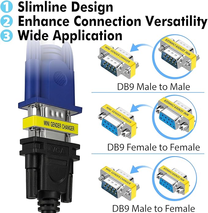 Cyberguys DB9 Gender Changer 3-Pack – Serial Adapter Set Includes DB9 Female to Female, Male to Male, and Male-to-Female – Slimline RS232 Connector Adapter for PC, Modem, POS, Router, Switch, Printer