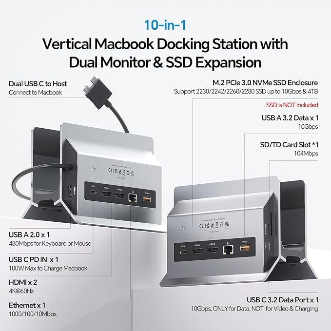 MacBook Docking Station Dual Monitor, Vertical Mac Laptop Docking Station Dock Stand with 2 HDMI 4K@60Hz, USB A/C 10Gbps, PD, Ethernet, USB 2.0, SD/TF, Compatible with MacBook Pro Air M3 M4 M5