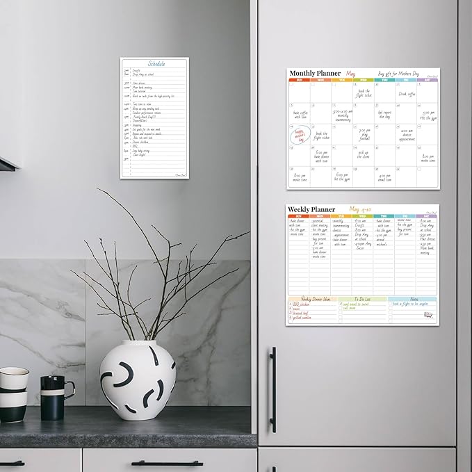 Non-Magnetic Dry Erase Calendar Set for Fridge - 14.5“x11.5 Reusable Monthly and Weekly Calendar - 6.5"x11.5" List Board Sticks to Most Smooth Surfaces - 6 Dry Erase Markers Included