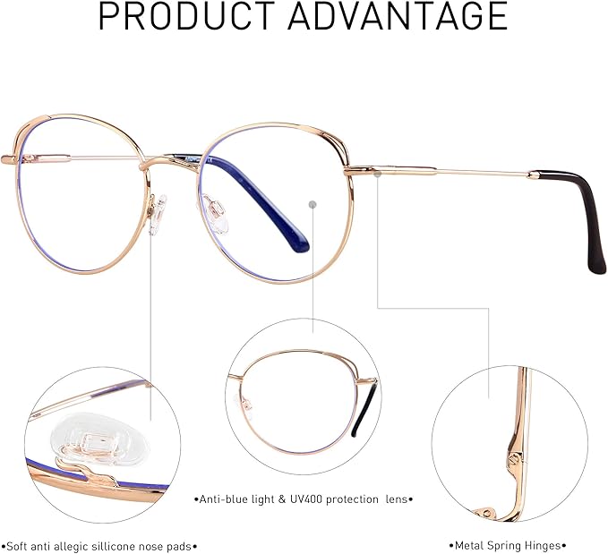 ANDWOOD Blue Light Blocking Glasses Women Cat Eye Computer Eyeglasses Metal Frame Hipster 2 Pack
