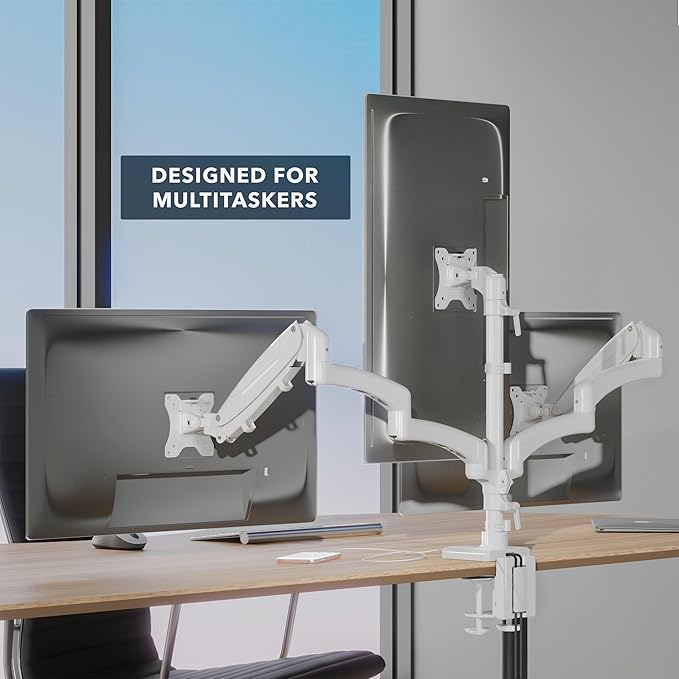 Mount-It! Triple Monitor Stand for Desk, 3 Arm Monitor Mount with Gas Spring Adjustment, Fits 13–32 Inch Screens up to 17.6 lbs per Arm, VESA 75 & 100, Clamp or Grommet Base, USB-C & A Ports, White