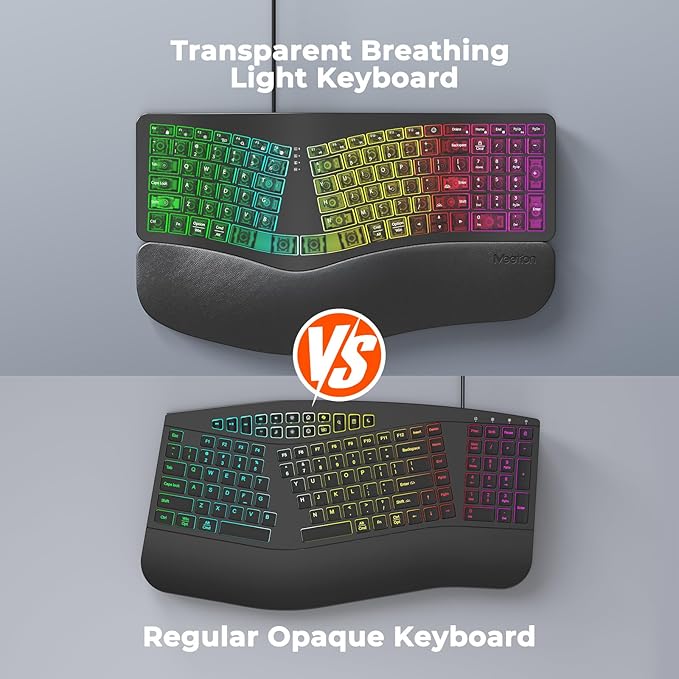 MEETION Ergonomic Keyboard Wired, 7 Colors Transparent Backlit, 4 Brightness, 1 RGB Breathing Backlit, Comfortable Wrist Rest Cushion, USB-A/USB-C Adapter Ergo Keyboard for Windows Mac Computer Laptop