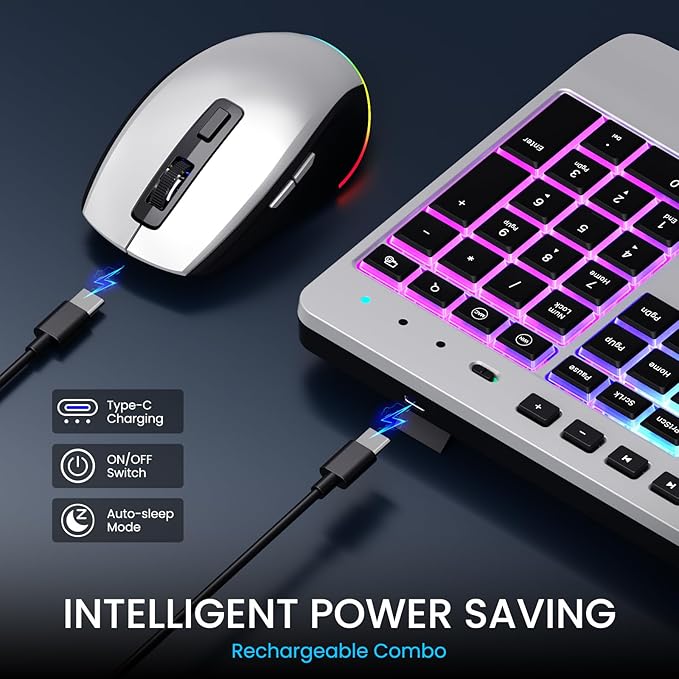 Silver Wireless Keyboard and Mouse Combo - Dual System RGB Backlit Mouse and Keyboard Advanced Optical Tracking, Lag-Free Wireless,Ergonomic Keyboard, 90% Less Noise Silver-V1