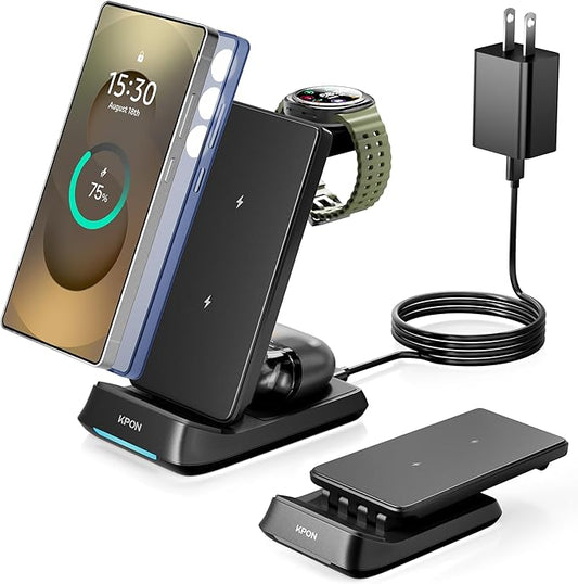 KPON 3 in 1 Charging Station for Samsung, Wireless Charger for Thick Cases, Foldable Phone and Watch Charger Stand for Galaxy S26/S25/S25 Ultra/S24/Z Fold/Android Devices, Galaxy Watch and Earbuds