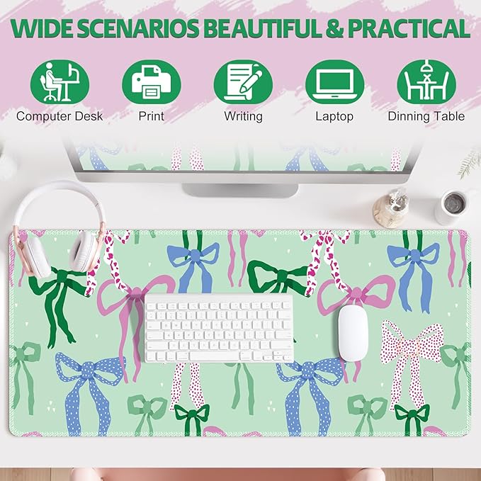 Cute Desk Pad Mouse Pad, Large Gaming Mouse Mat with Stitched Edges, Non-Slip Waterproof Rubber Base Mous Mat for Office Computer Keyboard Laptop Home Decor Women Girl (35.4X17.5 in), Green Pink Bows