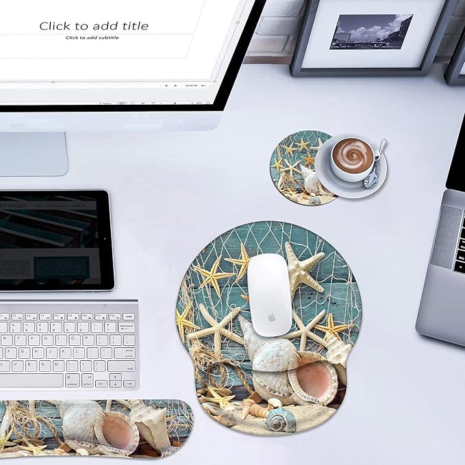 Keyboard Wrist Rest and Mouse Pad Wrist Support Set with Coasters, Non-Slip PU Base, Easy Typing and Relieve Wrist Pain, Perfect for Home Office Working Studying, Seashell Conch Starfish