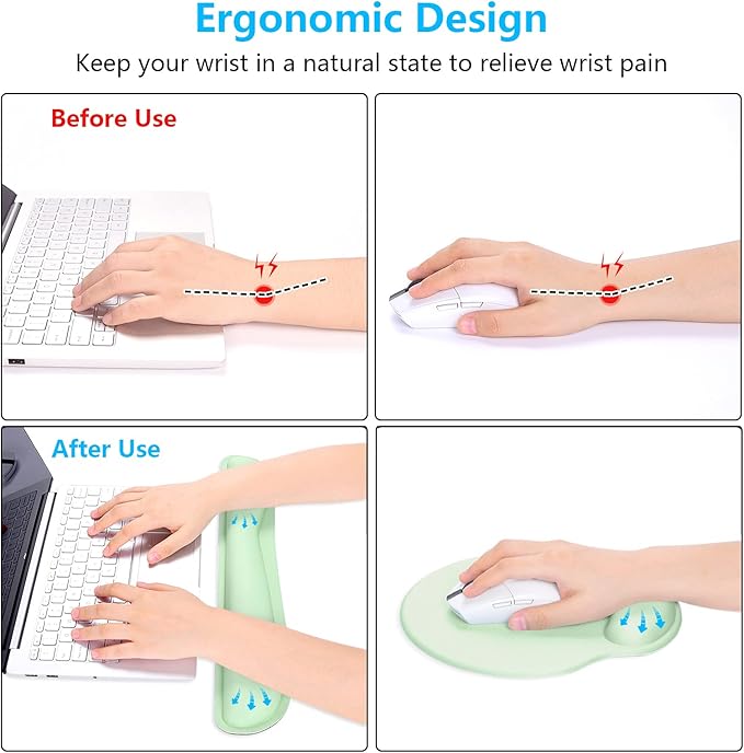 Dapesuom Keyboard Wrist Rest and Mouse Pad with Wrist Support, Memory Foam Cushion for Keyboard and Mouse Set, Ergonomic Desktop Pad Rests with Non Slip Base for Easy Typing & Pain Relief, Lake Green