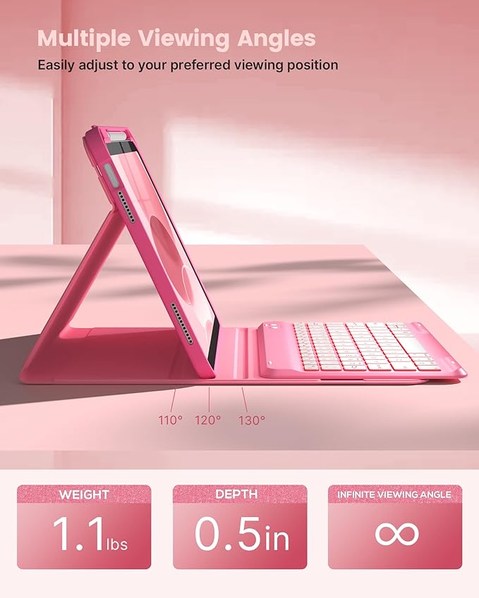 typecase Folio Keyboard Case for iPad 10th Gen 10.9 inch (2022) and iPad 11th (A16, 2025), Magnetic Wireless Detachable Keyboard, 7-Color Backlight, Thin & Light, Pencil Holder – Rose Red Glitter