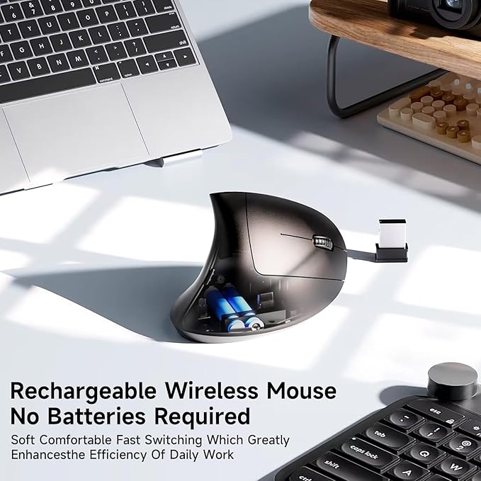 Ergonomic Vertical Wireless Mouse Stylish Rechargeable 2.4G Optical Mice Cordless Mouse with USB Receiver, 800/1200 /1600 DPI, 5 Buttons for Laptop,PC,Mac,Computer (Black)