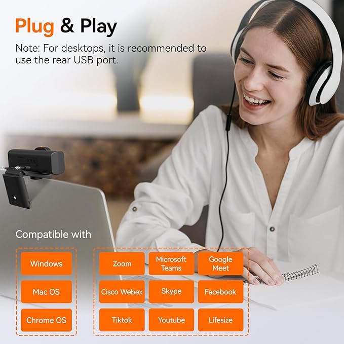SVBONY 2K Webcam for PC, Computer Camera with Low-Light 3D Noise Reduction&Dual AI-Noise Canceling Mics, Web Cam with Privacy Cover, USB A-to-C, Plug&Play PC Camera for Video Calling,Teams,Streaming