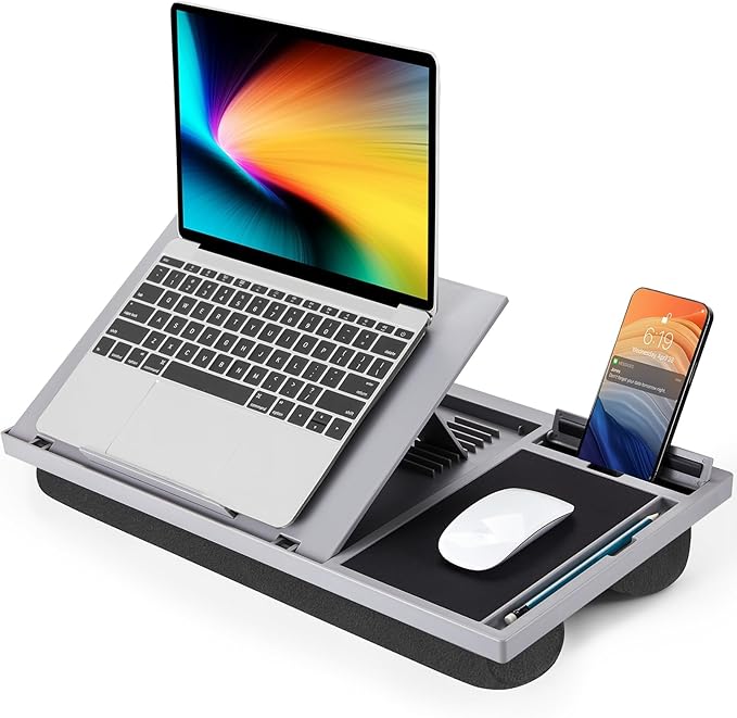 LORYERGO Adjustable Laptop Desk with Cushion, Mouse Pad & Cellphone Slot - Laptop Stand for Bed & Couch, Riser for Home & Office (Grey)