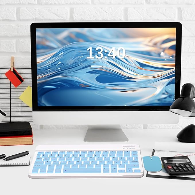 Bluetooth Keyboard and Mouse Combo, Qwert Layout Universal Ultra-Slim Wireless Keyboard Mouse Set for Android Windows iPad iPhone Samsung Tablet Portable Compact Keyboard Set, Light Blue