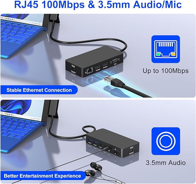 Surface Docking Station, 12-in-1 Triple Displays VGA +Dual HDMI Surface Dock, Surface Docking Station for Surface Pro 11/10/9/8/X/7/6/5/4/3,Surface Laptop 7/6/5/4/3/2/1,Surface Book Go