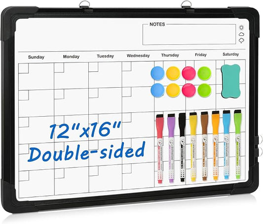 Double-Sided White Board Calendar, 16" x 12" Black Dry Erase Calendar Whiteboard Calendar for Wall Magnetic Hanging Calendar Whiteboard for Drawing, Kitchen, Planning, Memo, Home, Office
