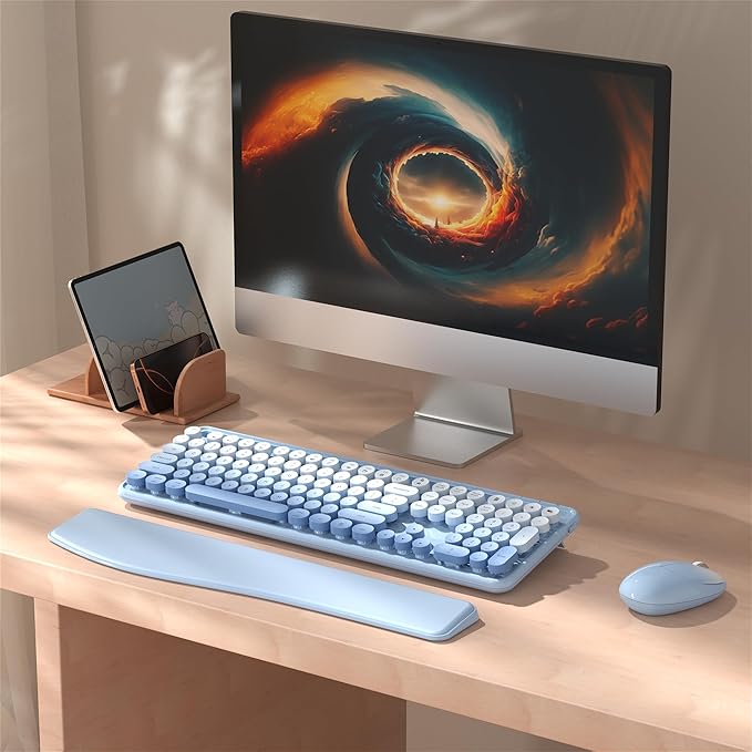 Colorful Wireless Computer Keyboard and Mouse Combo with Phone Holder, Wrist Rest, Typewriter Keys, 2.4GHz Wireless, Full-Sized Optical Mouse for PC and Laptop(Blue Colorful)