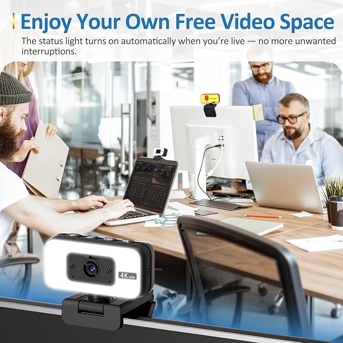 4K Webcam with Light for PC & Laptop & Mac, Computer Camera with AI PDAF AutoFocus, Four Physical Controls Buttons, Adjustable Webcam Light, Privacy Cover for Remote Work