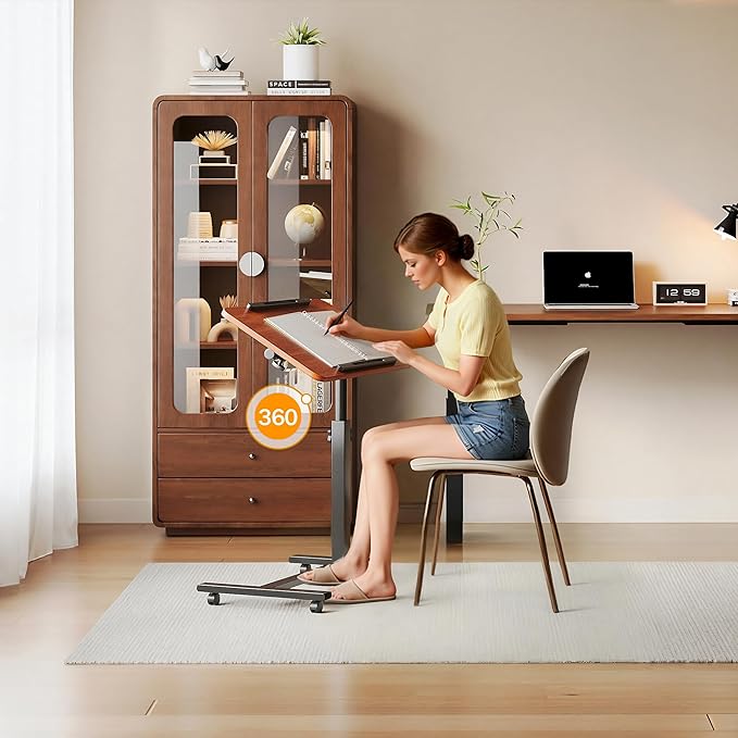 Laptop Table Mobile Adjustable Height Portable Desk Notebook Swivel PC Computer Rolling Desk with Wheels, Laptop Stand for Couch Bedside Hospital Bed Table (Dark Walnut)