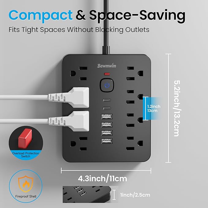 Surge Protector Power Strip, 8 Outlets(1250W/10A), 6 USB Charging Ports(2 USB C), 10FT Flat Plug Extension Cord Outlet Extender with Overload Protection, ETL Certified for Office, Dorm Room