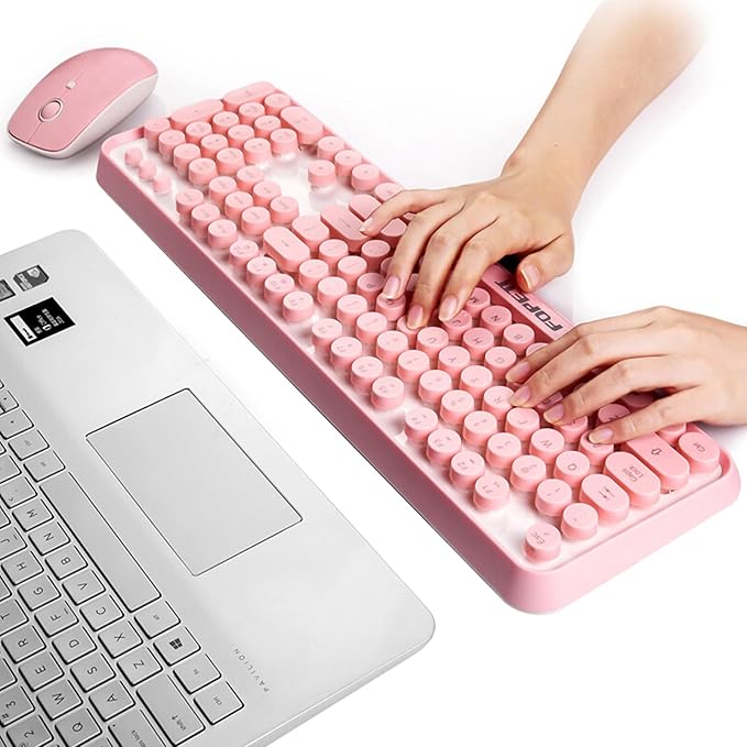 Wireless Keyboard and Mouse | Cute Colorful Keyboard and Mouse with 2.4GHz Cordless Retro Typewriter Keyboard | Auto-Sleep | USB Receiver for Windows PC/Laptop - Pink