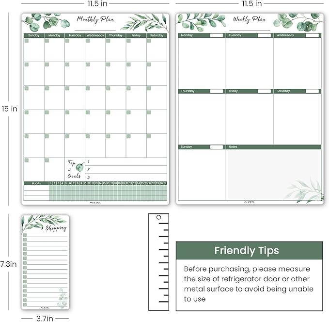 Magnetic Calendar for Refrigerator, Greenery Dry Erase Fridge Calendar Set (3 Boards) - Monthly & Weekly Planner Whiteboard, Shopping List White Board, 3 Markers + Eraser