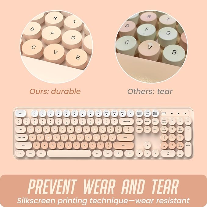 Wireless Keyboard and Mouse, Silent Keyboard Mouse Combo, Full-Sized Colorful Typewriter Keyboard with Round Keycaps, 2.4G Cute Mouse Compatible with PC/Laptop/Computer(Milk Tea)