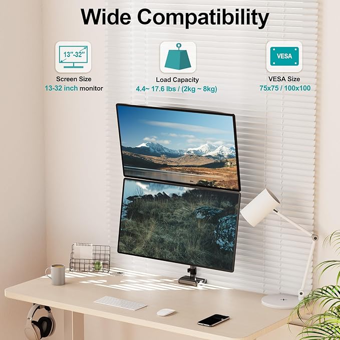 MOUNT PRO Vertical Dual Monitor Mount, Stacked Monitor Stand for 2 Computer Screens up to 32 inches, Fully Adjustable Full Motion Display Desk Mount, Each Arm Holds up to 17.6lbs, VESA Mount
