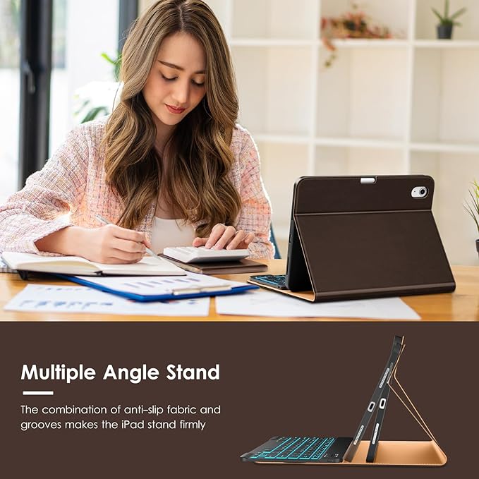 VIKESI Keyboard Case for iPad (A16,2025) 11th Generation/iPad 10th Generation Case (10.9" 2022),Premium Leather Smart Cover,Built-in Breathing Light,Function Row,Pencil Holder,Card Slots - Dark Brown