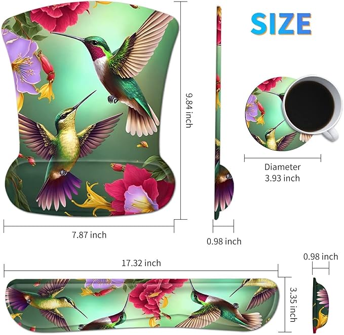 Ergonomic Mouse Pad with Wrist Support Gel & Memory Foam, Floral Hummingbird Flower Pattern, Non-Slip PU Base for Office, Gaming, Computer, Laptop, Home