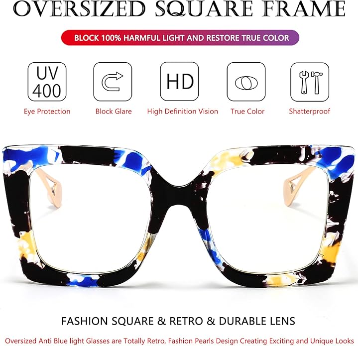 AIEYEZO Oversized Blue Light Glasses for Women, Anti Fatigue Prevent Headache Computer Eyeglasses
